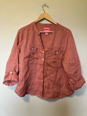 Isaac Mizrahi 100% Linen Washed Rose Button-Front Shirt